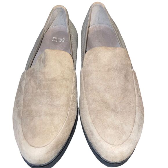 Eileen Fisher 9.5 Dell Suede and Mesh Platform Slip-On Taupe Loafers - Picture 3 of 6